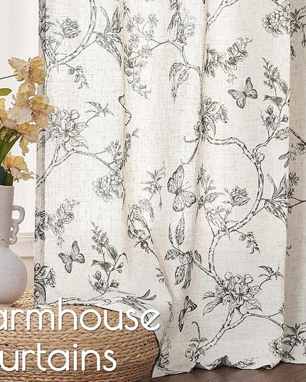 Lazzzy Black Floral Linen Farmhouse Curtains 108 Inch Length Drapes for Living Room Bedroom Pattern Light Filtering Country Vintage Curtain Grommet Top, 2 Panels, Black on Beige