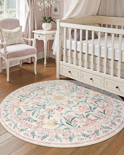 Wonnitar Pink Floral Round Rugs 5ft, Soft Circle Rug Non Slip Washable Round Carpet, Boho Non-Shedding Flower Distressed Circle Carpets for Bedroom Girls Room Nursery