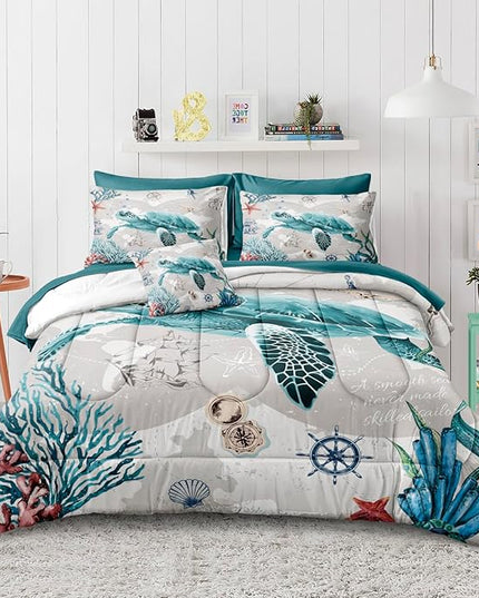Bedbay 8 Pieces Nautical Bedding Sea Turtle Queen Comforter Set with Sheets Turquoise Comforter Retro Style Teen Girls Boys Turtle Bedding Set Ocean Themed Soft Fluffy Bed Set(Ocean,Queen)
