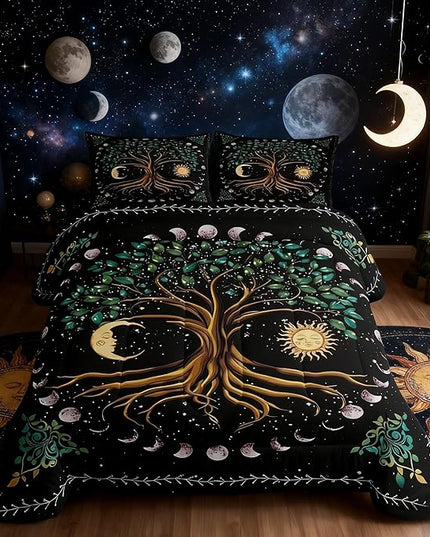 Manfei Tree Artwork Kids Comforter Set Twin Size,Sun Moon Starry Sky Galaxy Trippy Bedding Set,Boys Girls Adults Room Decor,Boho Exotic Psychedelic Down Comforter,Watercolor Duvet Insert,1 Pillowcase
