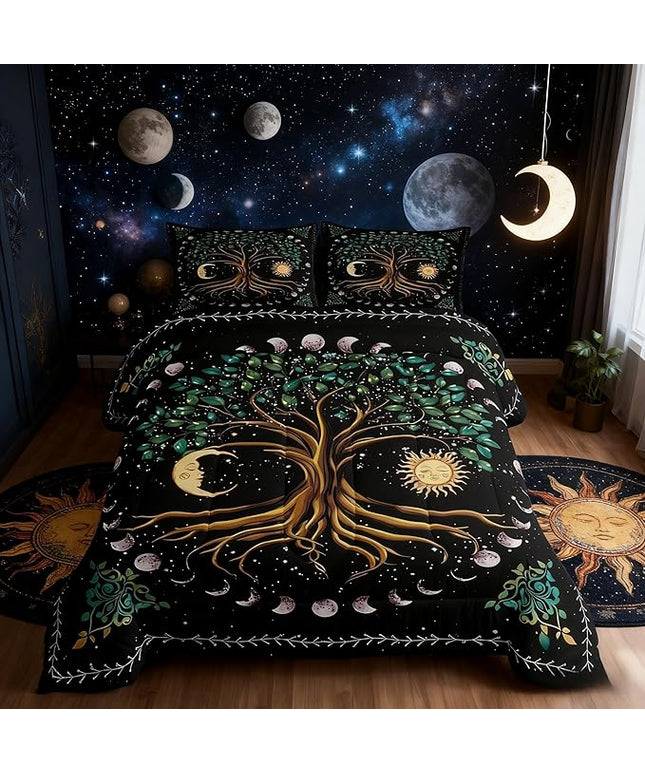 Tree Artwork Kids Comforter Set Queen Size,Sun Moon Starry Sky Galaxy Trippy Bedding Set,Boys Girls Adults Room Decor,Boho Exotic Psychedelic Down Comforter,Watercolor Duvet Insert,2 Pillowcases