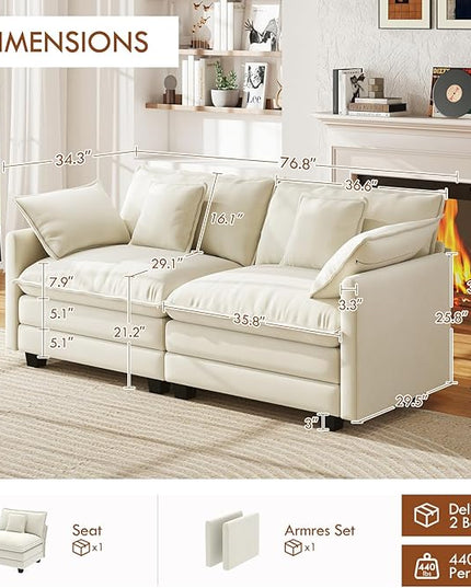 WorthFurni 77 Inch Cloud Sofa Loveseat, Comfy Sectional Couch, 2-Seater Chenille Deep Seat Sofa with Throw Pillows for Living Room Bedroom Apartment （Beige）