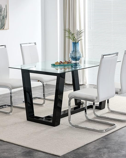 Ebullient Glass Dining Table, Modern Dining Table, 63" Tempered Glass Tabletop with Black MDF Trapezoid Legs, Rectangle Kitchen Table for 4-6 Person, Ideal for Kitchen, Dining Room, Home, Apartment