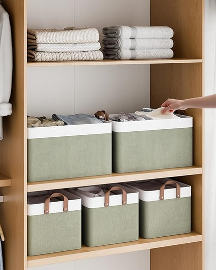 StorageWorks Storage Bins, Fabric Storage Bins for Shelves, Large Storage Baskets with Metal Frame, Closet Baskets and Bins with Handles, Green and White, 2-Pack