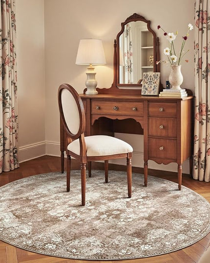 jinchan Round Rug 6ft Area Rug - Brown Vintage Floor Mat Kitchen Indoor - Washable Circle 6' Thin Floral Print Carpet Retro Farmhouse Non Slip Dining Room Living Room Bedroom Office