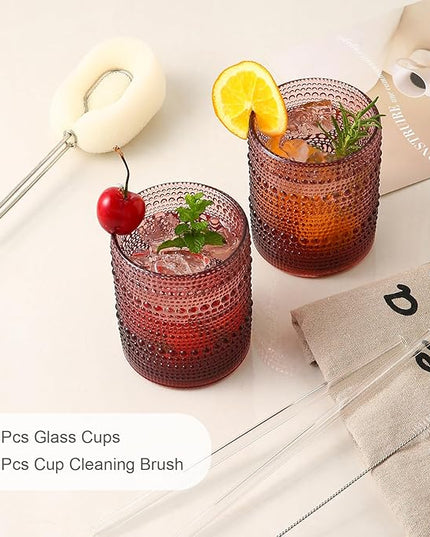 Vintage Glassware Drinking Glasses Set of 6,12 oz Hobnail Glass Cups,Embossed Purple Water Tumbler,for Beer,Cocktail,Whiskey,Juice and Various Mixed Drinks- 1 Cleaning Brush