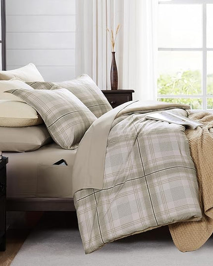 MaiRêve Plaid Queen Comforter Sets, Khaki Green Grid Farmhouse Bedding Set Bed in A Bag, Classic Checkered Comforter Sets with Fitted & Flat Sheet, Pillowcases & Shams 90"x90"