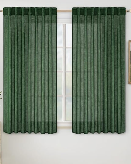 MIULEE Emerald Green Short Curtains 63 Inch Length 2 Panels for Kitchen Bedroom, Christmas Soft Thick Linen Textured Living Room Window Drapes Semi Sheer Light Filtering Back Tab Burlap Look Decor