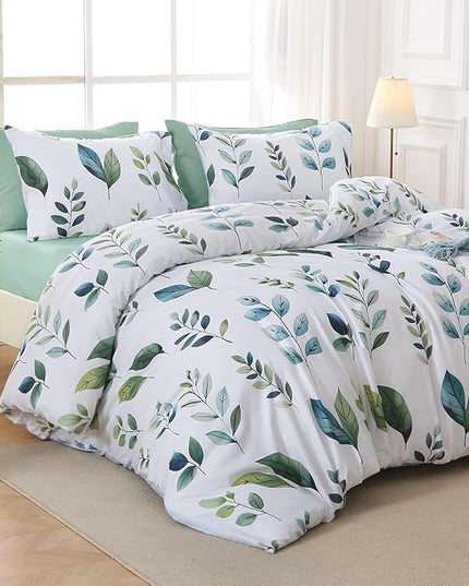 MUXHOMO Grey Green Foliage Full Comforter Set, Elegant Floral Print Bed in a Bag 7 Pieces, Soft & Breathable Reversible Botanical Pattern Bedding Set with Comforter, Sheets, Pillowcases, and Shams