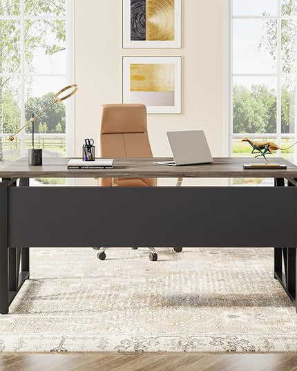 Tribesigns 55 inches Computer Desk with Bottom Storage Shelf Home Office Desk Writing Table for Workstation,Dark Walnut + Steel Leg， Cabinet not Included (Dark Oak, 55-inch -with Shelf)