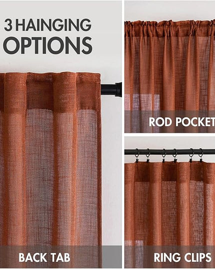 MIULEE Burnt Orange Linen Curtains 54 Inch Length 2 Panels for Bedroom Living Room, Soft Thick Linen Textured Short Window Drapes Semi Sheer Light Filtering Back Tab Burlap Look Fall Decorations