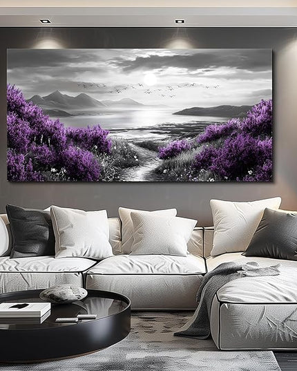 Canvas Wall Decor for Office Large Wall Art for Living Room Modern Bedroom Wall Decoration Purple Flowers Landscape Pictures Black and White Scenery Paintings Artwork Aesthetic Home Decor