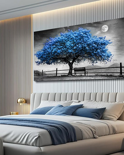 FUHAIHUA Canvas Wall Art For Living Room Wall Decor For Bedroom Office Wall Decoration Black And White Landscape Painting Blue Tree Pictures Artwork Room Aesthetic Home Decor 20x40 In