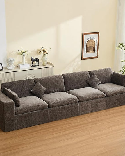 155''Cloud Boneless Sectional Couch, Modular Sectional Sofa Deep Seat, Oversized Upholstered Convertible Comfy 4 Seater Chenille Memory Foam Sofa Couches for Living Room, Brown