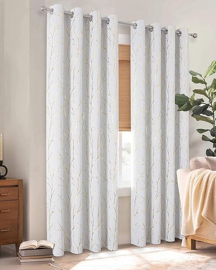 BUHUA Blackout Curtains 63 Inches Length, Thermal Curtain for Bedroom 2 Panels Set, Room Darkening Curtains with Gold Shinny Branches Tree Patern, 52W×63L Greyish White