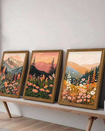 InspiredHues Colorful Landscape Boho Canvas Wall Art Set, 3 Piece Wildflower Mountain Wall Decor, Vintage Floral Rustic Nature Artwork Prints for Living Room Bedroom Office 16x24 Inch Wood Framed