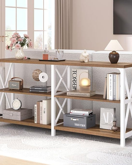 LVB Industrial Entryway Table, Farmhouse Rustic Console Table Behind Couch, Long Metal Sofa Table with Storage Shelf, Modern Hallway Table for Living Room Bedroom,White and Rustic Oak,63 inch