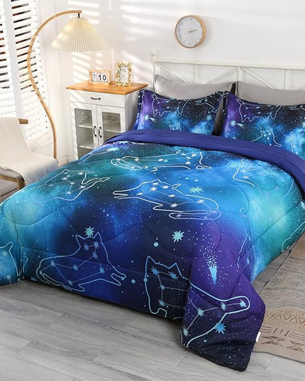 Wowelife Galaxy Comforter Set Queen 5 Pieces Bedding Set Blue 3D Kids Bedding Set Bed in a Bag for Boys and Girls with Comforter, Flat Sheet, Fitted Sheet and 2 Pillowcases