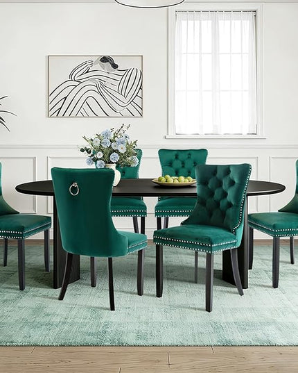 SoarFlash Velvet Dining Chairs Set of 4, Tall Back Side Chair, Modern Upholstered High-end Tufted Side Chair with Button Back Ring, Solid Wood Legs (Green)