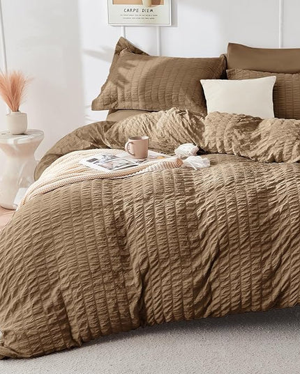 HYMOKEGE Brown Full Size Comforter Sets Seersucker 7 Pieces, All Season Luxury Bed in a Bag for Bedroom, Bedding Set with Comforter, Sheets, Pillowcases & Shams