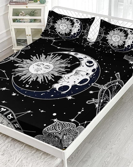 AILONEN Sun and Moon Fitted Sheet Queen Size, Boho Hippie Style Bedding Sheet,Starry Night with Astrology Pattern Sheet Set for Boys Girls,1 Fitted Sheet 2 Pillowcases,3 PCS,Perfect for Adult Rooms