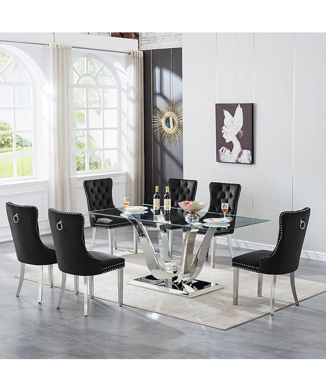 7-Piece Glass Dining Table Set w/6 Blue Upholstered Dining Chairs, 70in Rectangular Large Kitchen Table Set for 6, Glass and Silver Dining Table and Chair Set for 6