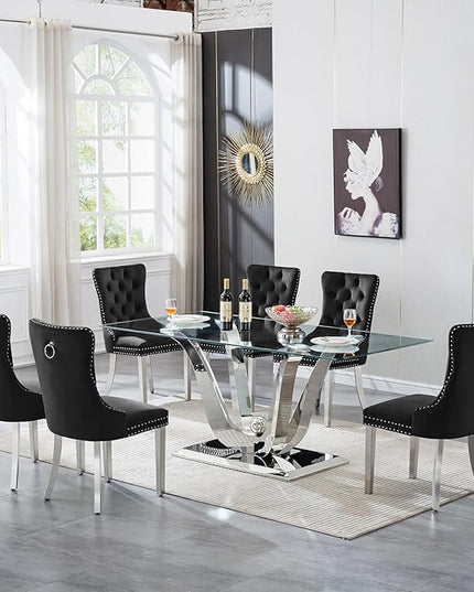 70" Silver Tempered Glass Dining Table, Modern Glass Kitchen Table Dining with Tempered Glass Tabletop and Unique Stainless Steel Pedestal, Modern Kitchen Dining Room Table for 8