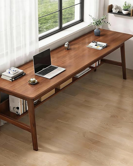 63” Extra Long Home Office Desk with Bookshelf, 2-Person Computer Workstation with Storage Shelf, Solid Wood Work & Study Table for Home Office, Walnut Finish