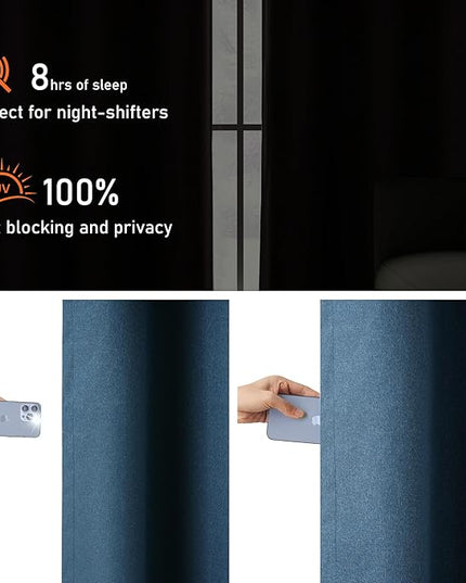 Full Blackout Linen Curtains 102 Inches Long, 100% Light Blocking Noise Reducing Patio Door Curtains, Floor to Ceiling Farmhouse Drapes for Dining Room, Denim Blue, W52 x L102, 2 Panels
