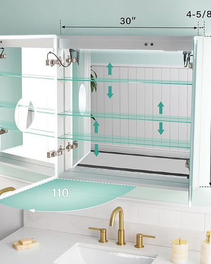 WELLFOR 30" X 30" Medicine Cabinet with Lights, 3X Magnification, Anti-Fog Mirrored Cabinet, Bathroom Vanity Medicine Cabinet with Outlets & USB Ports, Double Doors