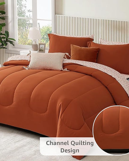 Monbix Queen Comforter Set - 7 Pieces Burnt Orange Bed in a Bag Queen Track Stitching Bedding Sets, All Seasons Down Alternative Comforter Bed Set with Sheets,Pillowcases & Shams