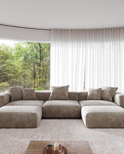 JACH 141" Oversized Modular Sectional Couch, Deep 3-Seats Corduroy Sofa with Chaise Ottomans, Huge Plus Convertible Soft Sofas, Minimalist Couches for Living Room, Apartment, Light Brown