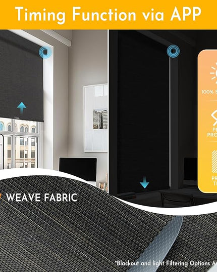 Persilux Smart Motorized Blinds with Remote, No Drill Automatic Roller Shades for Indoor Windows, Blackout Linen Fabric, Electric Blinds for Windows, Weave Blend Coal C162BO-8, Custom Size