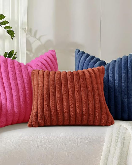 decorUhome Faux Fur Spring Throw Pillow Covers 24x24 Set of 2, Decorative Soft Plush Striped Neutral Couch Euro Pillow Covers with Velvet Back for Sofa, Bed, Living Room Home Decor, Hot Pink