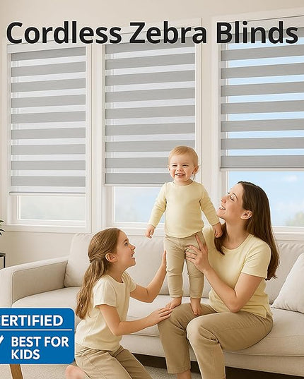 Shadesu Cordless Zebra Blinds for Windows, 83" W x 72" H, Grey, Dual Layer Free-Stop Zebra Shades, Light Control for Day and Night, Sheer Blinds for Indoor Windows, Bedroom, Kitchen