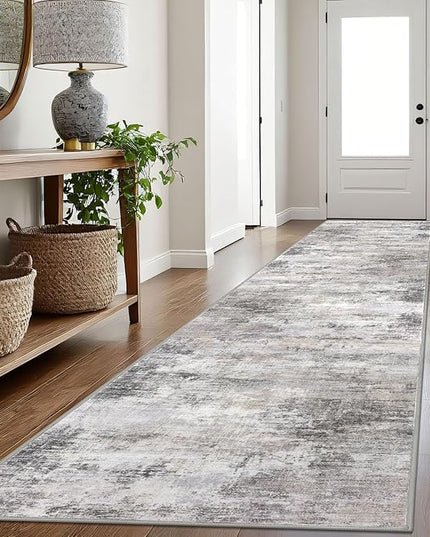 IOHOUZE Abstract Runner Rug 3x16 Ft Washable Runners for Hallways, Non Slip Kitchen Runner Printed Faux Wool Entryway Runner Indoor, Modern Abstract Floor Carpet for Hall Stair, Grey Beige