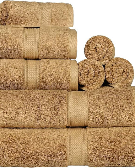 Superior Egyptian Cotton Pile 8 Piece Towel Set, Includes 2 Bath, 2 Hand, 4 Face Towels/Washcloths, Ultra Soft Luxury Towels, Thick Plush Essentials, Guest Bath, Spa, Hotel Bathroom, Toast