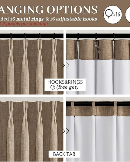Rust Brown Pinch Pleated Blackout 90 Inch Curtains for Sliding Glass Doors 2 Panels Set, Memory Shape Linen Thermal Sound Dampening Dual Layer Heavy Drapes Textured Windows Curtain 40x90 Inches Long