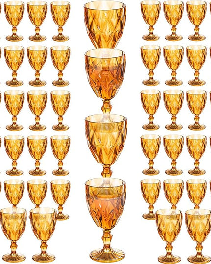 48 Pack Vintage Wine Glasses, Plastic Reusable 12 Ounce Colored Water Goblets, Unique Embossed Pattern Unbreakable Stemmed Wine Glasses High Clear Wedding Party Bar Drinking Cups Amber