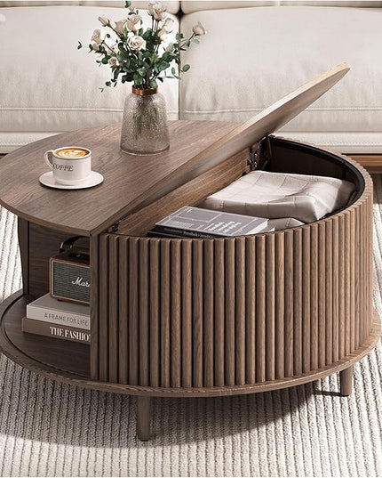 Round Coffee Table with Storage, 31.5" Mid Century Modern Coffee Table with Sliding Door & Solid Wood Legs, Minimalist Fluted Center Table for Living Room, Home Small Space, Walnut