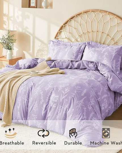 MUXHOMO Lavender Twin Comforter Set, Elegant Floral Print Bed in a Bag 5 Pieces, Ultra Soft & Breathable Reversible Botanical Pattern Bedding Set with Comforter, Sheets, Pillowcase, and Sham