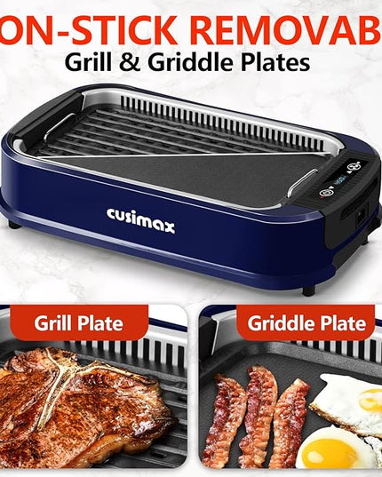 Smokeless Grill, CUSIMAX 1500W Indoor Grill, Electric Grill Griddle with LED Smart Display & Tempered Glass Lid, Portable Korean BBQ Grill, Non-stick Removable Grill & Griddle Plate