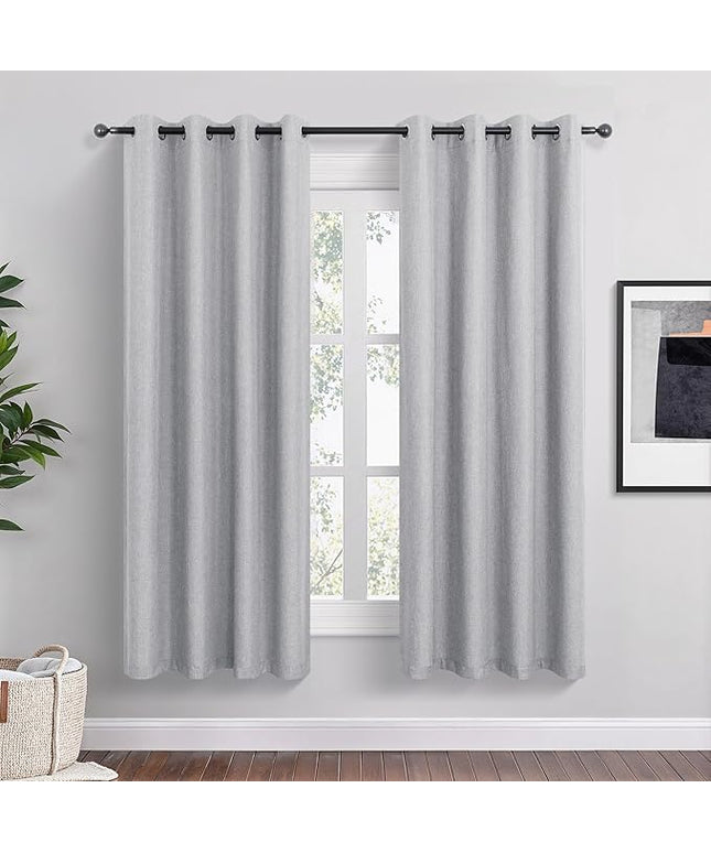 Light Grey Linen Blackout Curtains 63 Inch Length 2 Panels Set for Bedroom Living Room Grommet 100% Black Out Linen Drapes Room Darkening Window Curtains 63 Inches Long Light Silver Gray
