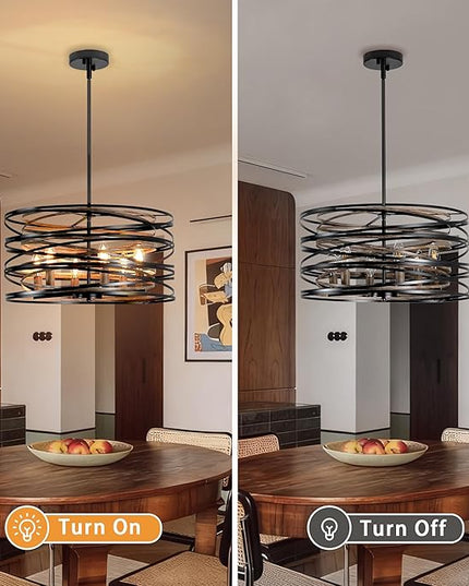 Farmhouse Chandeliers for Dining Room, 5-Light Spiral Drum Large Pendant Lights Rustic Black Chandelier 19.7" Wood Grain Dining Room Light Fixture Metal Chandelier for Foyer Entryway Kitchen Bedroom