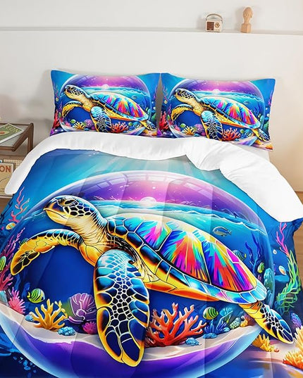 Sea Turtle Comforter Set Queen Size,Colorful Underwater World Toddler Bed Comforter Set,Coastal Bedding for Kids Boys Girls Room Decor,Sea Life Themed Comforter Sets 2 Pillowcases.