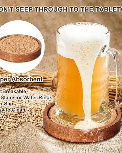 5 Pcs Best Absorbent Wooden Coasters Set - 4 Inches Brown Woven Coaster Modern Acacia Wood Coasters for Drinks, Coffee Table Decor, Farmhouse, Bar, Office, Beer, Kitchen, Dining Room, Outdoor, Desk