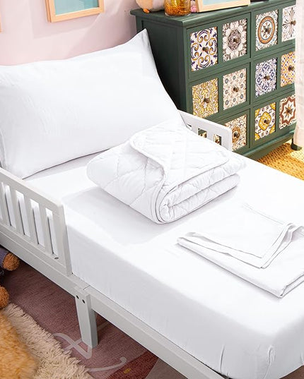 NTBAY Toddler Bedding Set - 4 Piece Soft and Breathable Crib Bedding Set for Boys and Girls, Includes Quilted Comforter, Fitted Sheet, Flat Top Sheet and Envelope Pillowcase, White