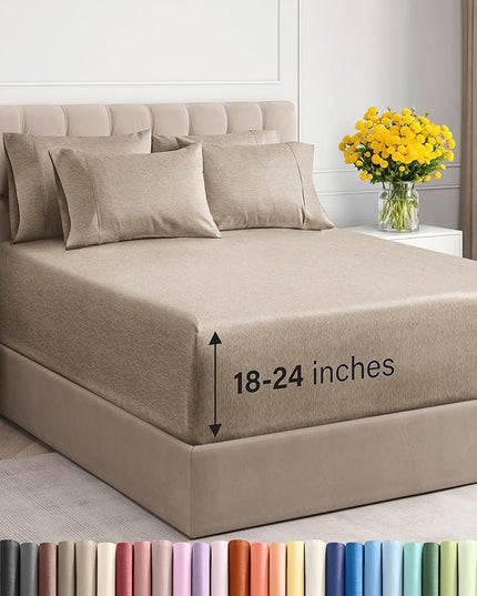 Extra Deep Cal King Sheet Set - 6 Piece Breathable & Cooling Sheets - Hotel Luxury Bed Sheets Set - Easy Fit - Soft, Wrinkle Free & Comfy Sheets Set - Heathered Beige Sheet Set w/Extra Deep Pockets