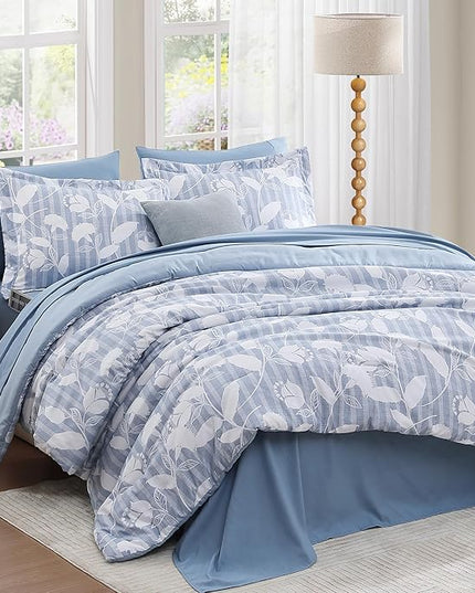 Queen Comforter Set -7 Pieces Blue Floral Comforter Set for All Seasons, Bed in a Bag Queen with Botanical Flowers Comforter, Sheets, Pillowcases & Shams