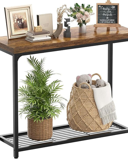 32" Small Console Table, 2-Tier Narrow Entryway Table, Sofa Table with Mesh Shelves, Console Tables for Living Room, Hallway, Entryway, Farmhouse Console Table with Storage, Rustic Brown
